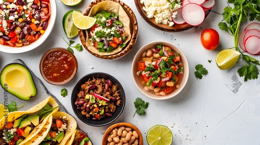Mexican Cuisine Flat Lay with Tacos and Fresh Sides, Perfect for Restaurant Menus
Mexican Cuisine Flat Lay with Tacos and Fresh Sides, Perfect for Restaurant Menus