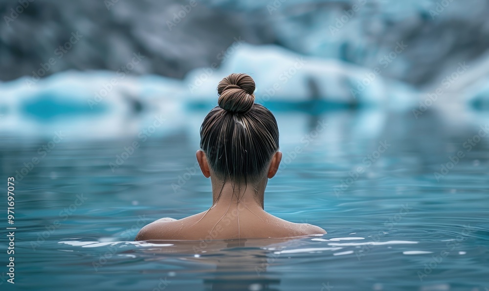 Fototapeta premium A unique scene featuring a person's back as they swim in a serene icy lake, surrounded by rugged mountain scenery with a topknot hairstyle