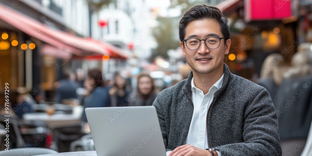 A young Asian man with glasses is using a laptop at an outdoor café with a busy city street in the background A young Asian man with glasses is using a laptop at an outdoor café with a busy city street in the background