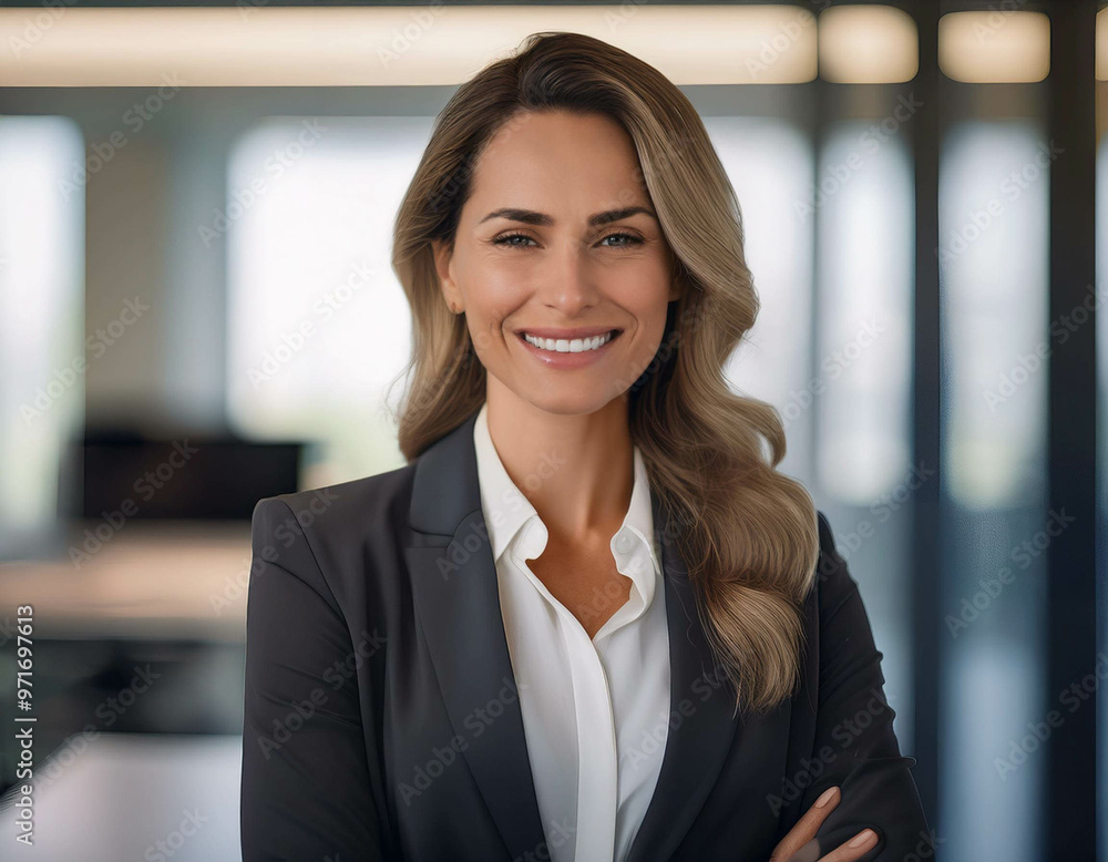 A confident businesswoman in a sharp suit, smiling in front of a modern office background. N A confident businesswoman in a sharp suit, smiling in front of a modern office background. N