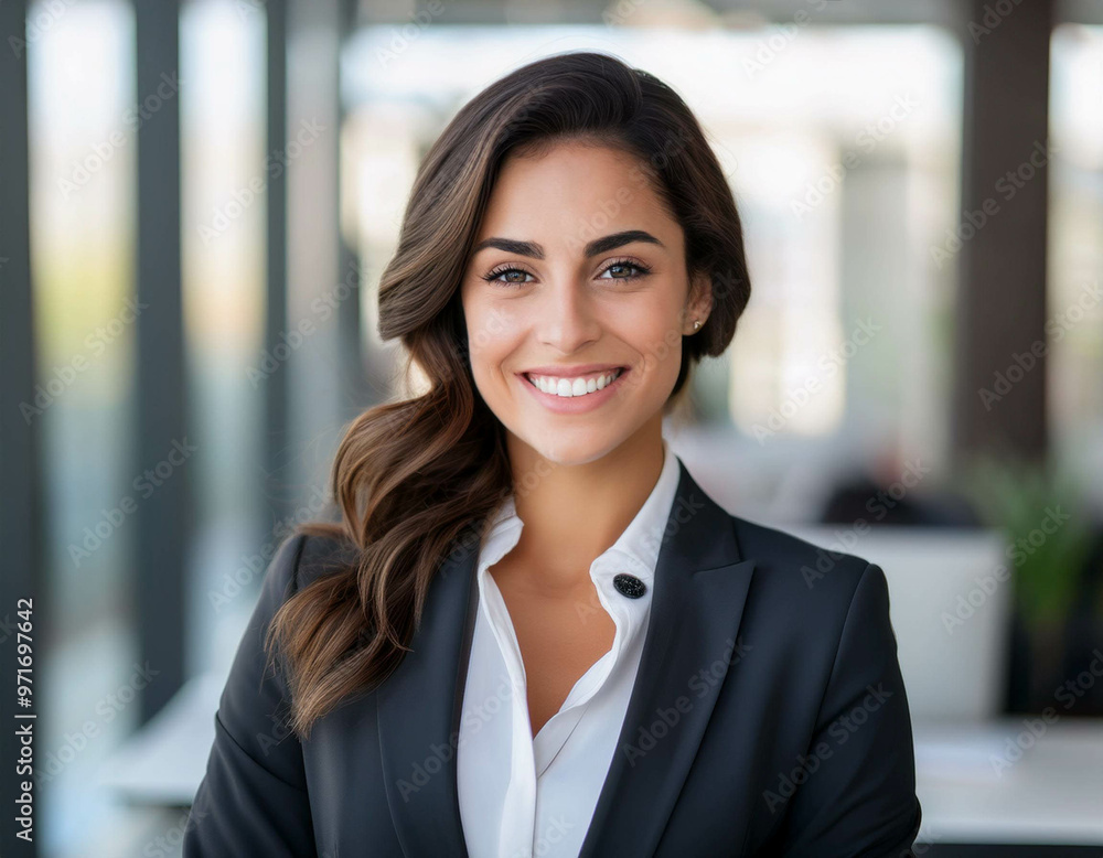 A confident businesswoman in a sharp suit, smiling in front of a modern office background. N A confident businesswoman in a sharp suit, smiling in front of a modern office background. N