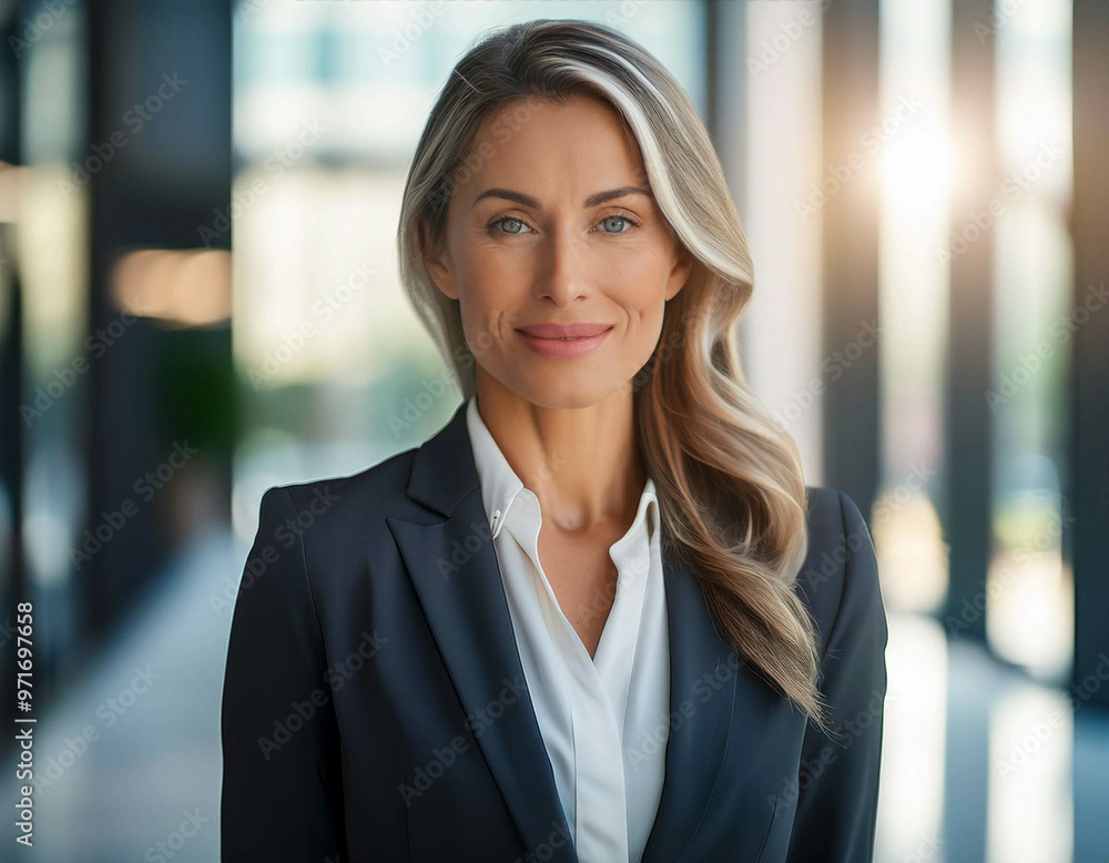 A confident businesswoman in a sharp suit, smiling in front of a modern office background. N A confident businesswoman in a sharp suit, smiling in front of a modern office background. N
