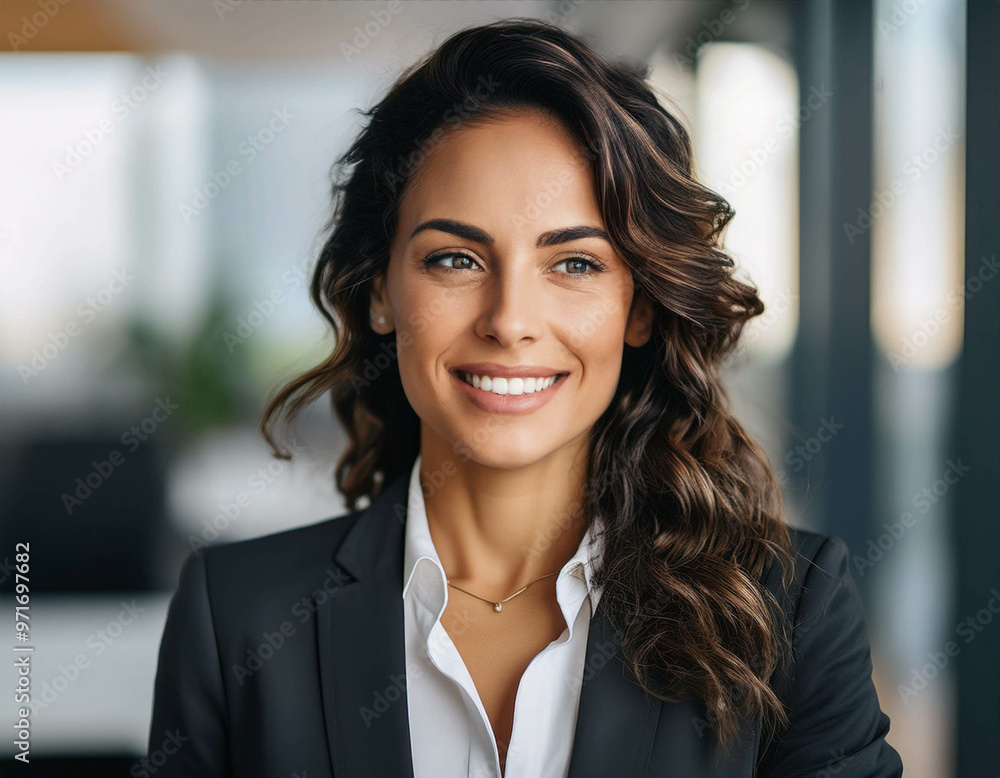 A confident businesswoman in a sharp suit, smiling in front of a modern office background. N A confident businesswoman in a sharp suit, smiling in front of a modern office background. N