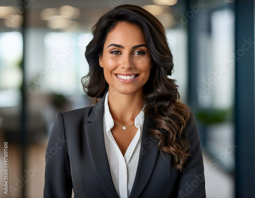 A confident businesswoman in a sharp suit, smiling in front of a modern office background. N