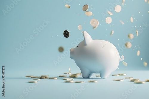 A lifelike photo of a white ceramic piggy bank on a pastel blue background, with coins in mid-air falling into it