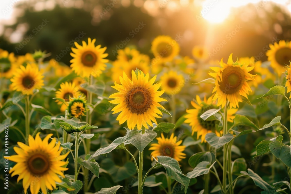 A vibrant field of sunflowers glows under the warm setting sun, creating a picturesque rural landscape filled with golden blooms A vibrant field of sunflowers glows under the warm setting sun, creating a picturesque rural landscape filled with golden blooms