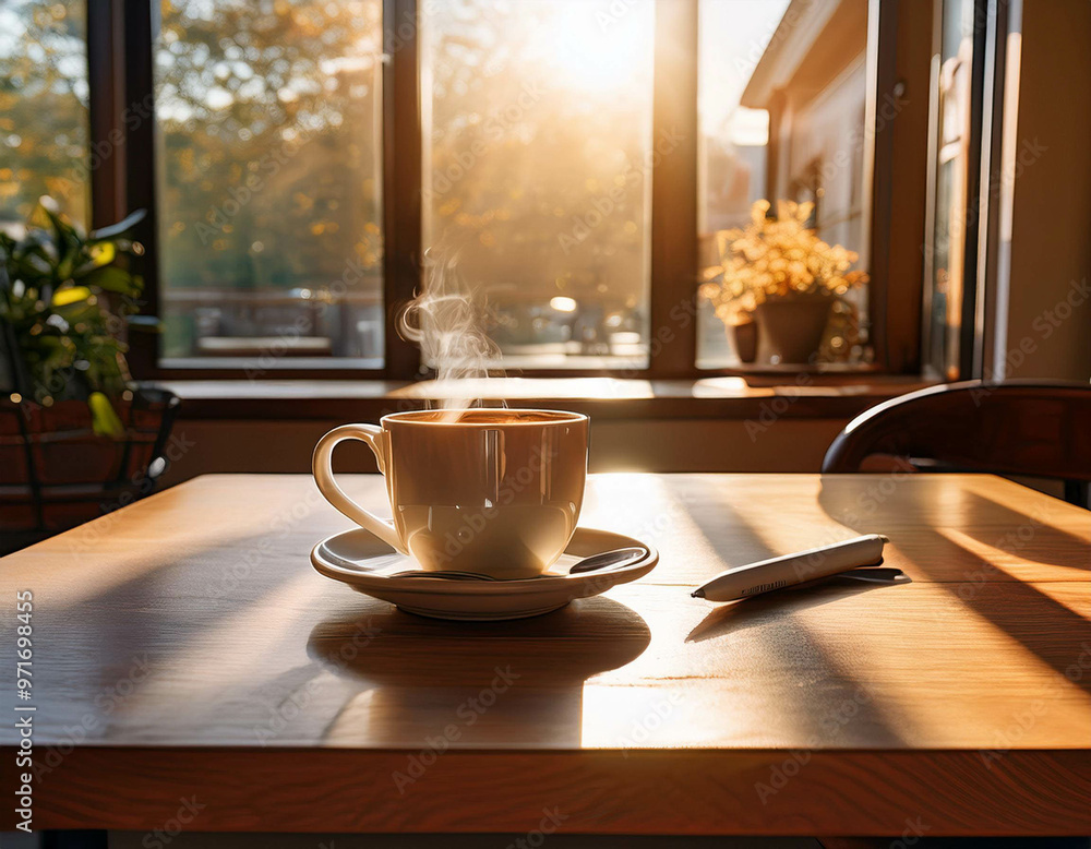 A cozy caf? with large windows letting in soft sunlight, casting warm shadows on wooden tabl A cozy caf? with large windows letting in soft sunlight, casting warm shadows on wooden tabl