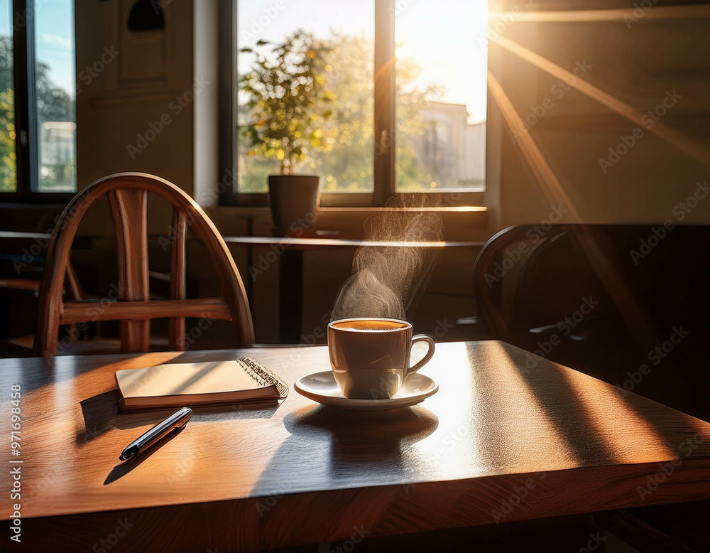 A cozy caf? with large windows letting in soft sunlight, casting warm shadows on wooden tabl A cozy caf? with large windows letting in soft sunlight, casting warm shadows on wooden tabl