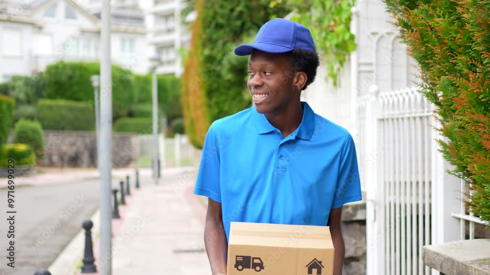 African courier with blue uniform delivering parcels in a residential street African courier with blue uniform delivering parcels in a residential street
