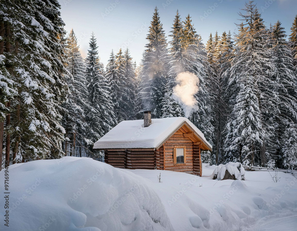 A cozy wooden cabin covered in fresh snow, nestled among tall pine trees in a remote forest. A cozy wooden cabin covered in fresh snow, nestled among tall pine trees in a remote forest.
