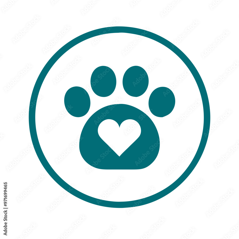 Paw print with heart symbol, teal circle, pet care and love concept Paw print with heart symbol, teal circle, pet care and love concept