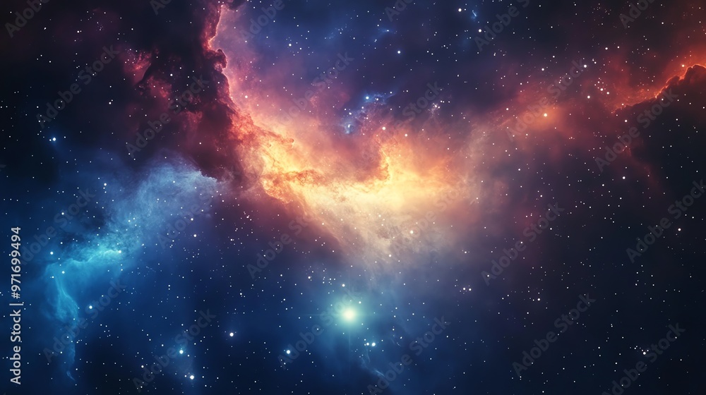 A colorful nebula in space with bright stars. A colorful nebula in space with bright stars.