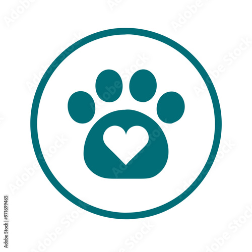 Paw print with heart symbol, teal circle, pet care and love concept