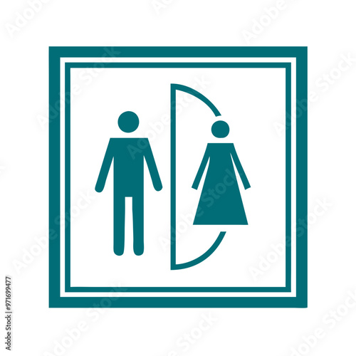 Male and female restroom sign, teal icon with framed design