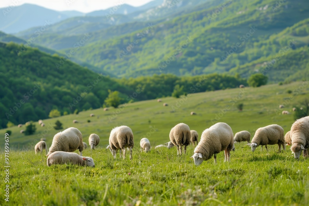 A flock of sheep grazing on lush green grass with stunning mountain ranges in the background during a cloudy day in a tranquil rural landscape A flock of sheep grazing on lush green grass with stunning mountain ranges in the background during a cloudy day in a tranquil rural landscape