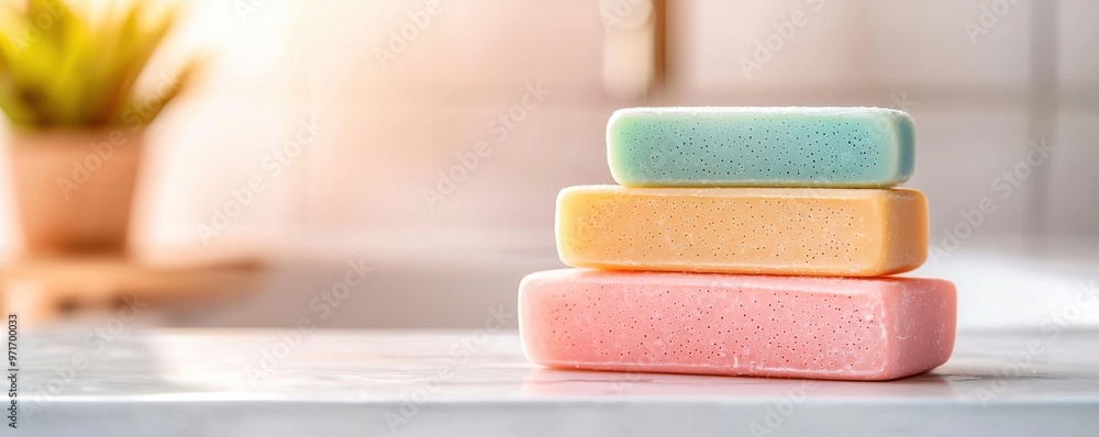 Colorful stacked soap bars on a white countertop, perfect for a calming bathroom aesthetic and promoting cleanliness. Colorful stacked soap bars on a white countertop, perfect for a calming bathroom aesthetic and promoting cleanliness.