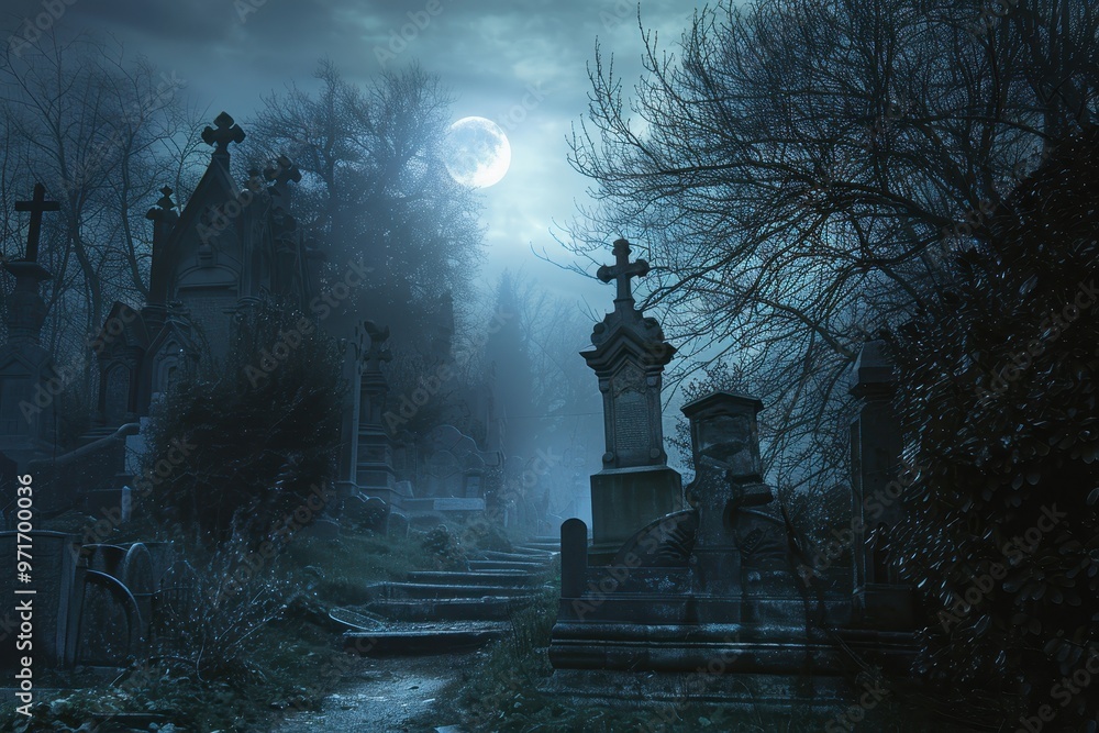 Mysterious graveyard under a full moon surrounded by ancient trees and fog with weathered tombstones and an eerie atmosphere at night Mysterious graveyard under a full moon surrounded by ancient trees and fog with weathered tombstones and an eerie atmosphere at night