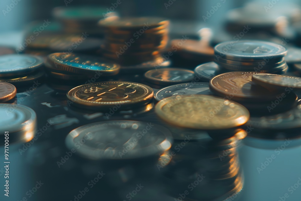 A diverse coins and banknotes on a glossy, black surface reflecting a subtle.