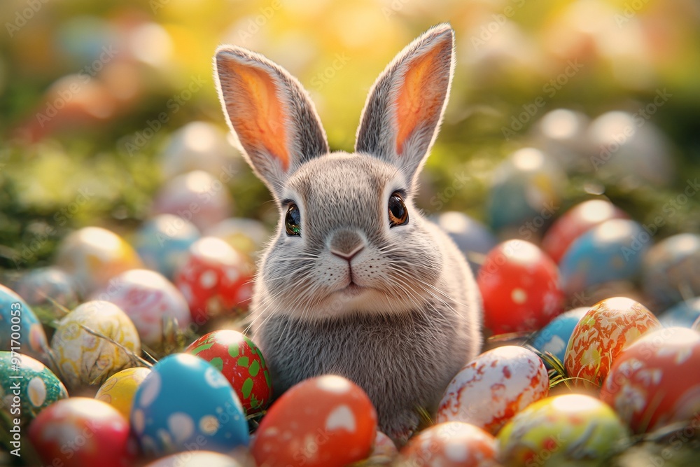 A cheerful white rabbit hops joyfully among colorful Easter eggs in a festive landscape, surrounded by confetti in vibrant spring colors A cheerful white rabbit hops joyfully among colorful Easter eggs in a festive landscape, surrounded by confetti in vibrant spring colors