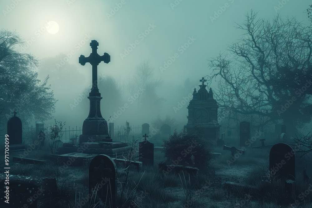 Mysterious graveyard under a full moon surrounded by ancient trees and fog with weathered tombstones and an eerie atmosphere at night Mysterious graveyard under a full moon surrounded by ancient trees and fog with weathered tombstones and an eerie atmosphere at night