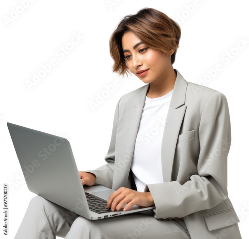 PNG Indian American woman laptop blazer electronics.