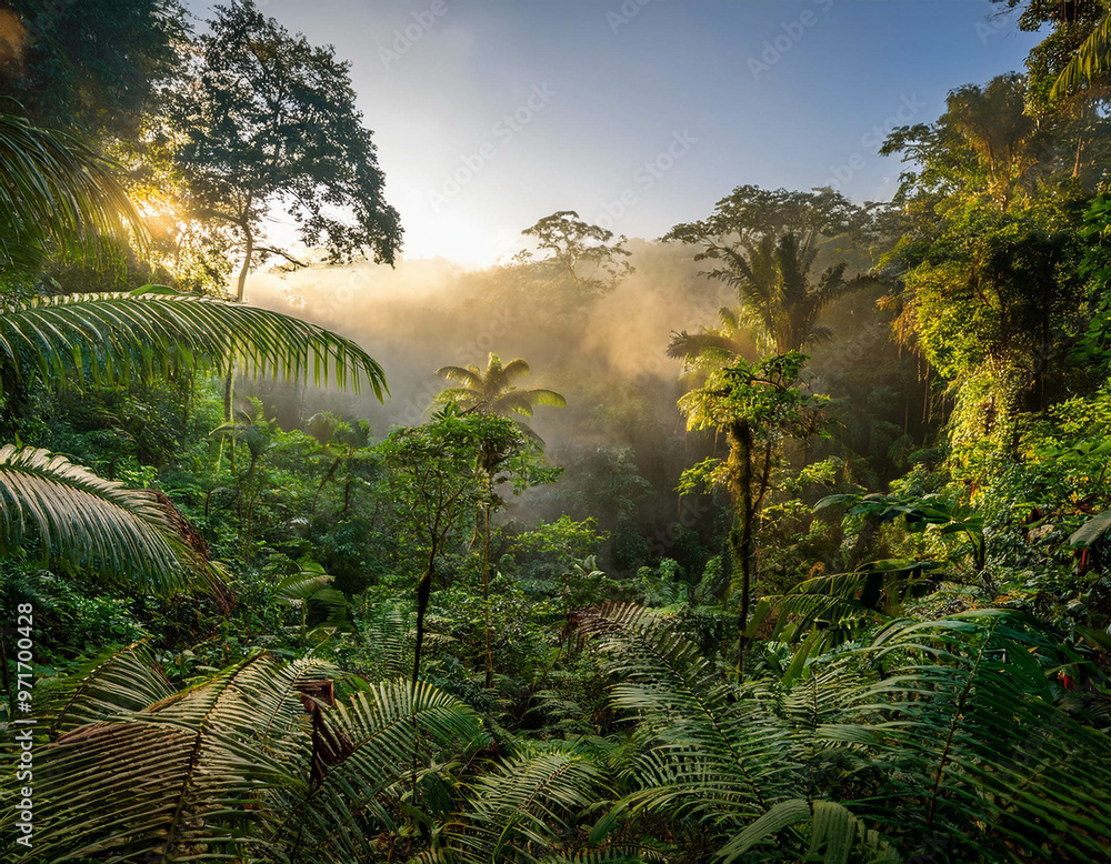 Naklejka premium A dense tropical rainforest at dawn, with mist rising between the trees. The lush greenery a