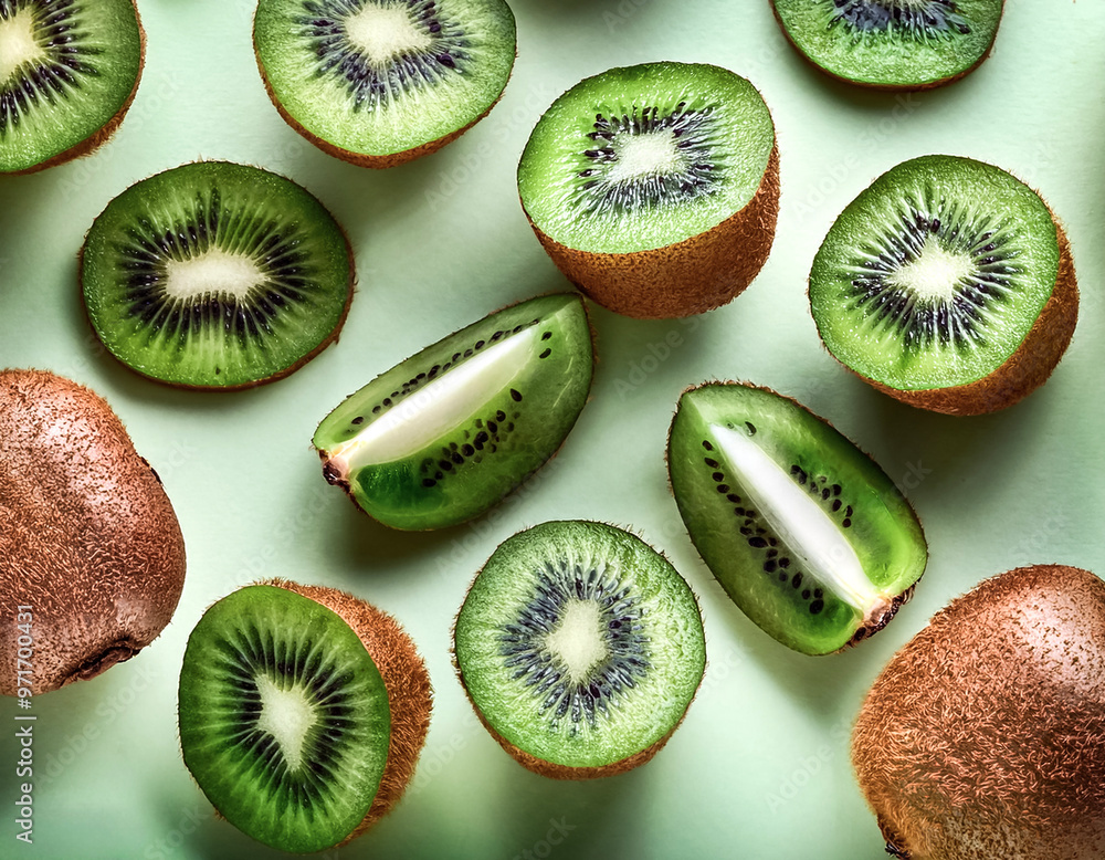 Fototapeta premium Overhead view of Fresh Ripe juicy&nbsp;kiwi fruit. Halves food summer background. healthy food