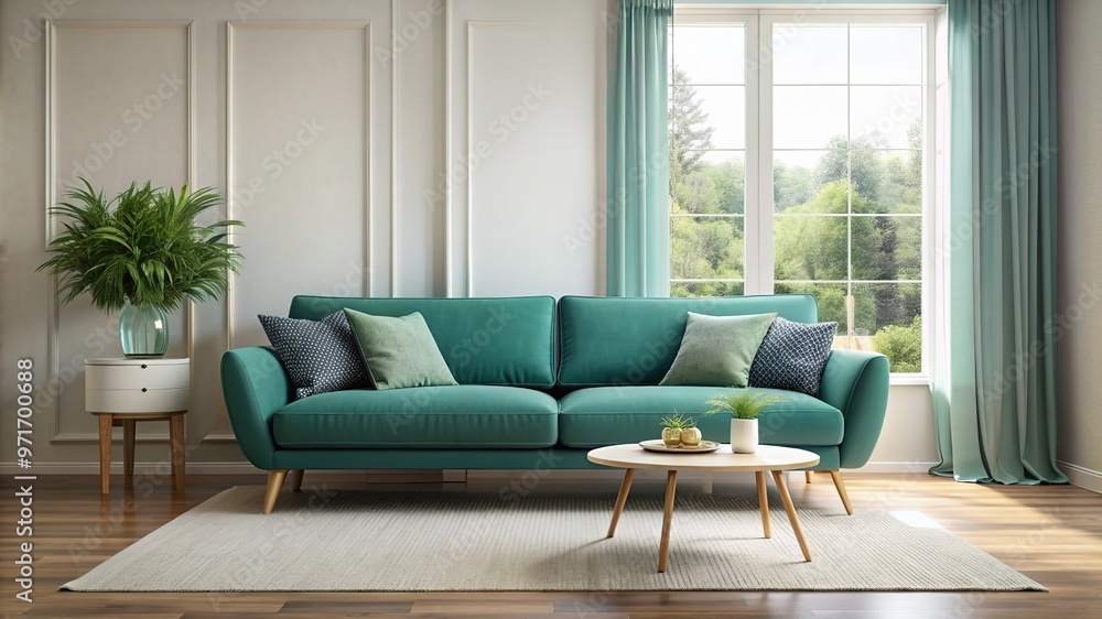 Domestic and cozy interior of living room with emerald sofa, plants, shelf, coffee table, boucle rug, mock up poster frame, side table, plant and elegant decoration Beige wall. Home decor. Template Domestic and cozy interior of living room with emerald sofa, plants, shelf, coffee table, boucle rug, mock up poster frame, side table, plant and elegant decoration Beige wall. Home decor. Template