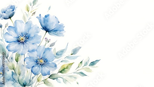 Light blue flowers on a white background, with ample space for copy and text, rendered in elegant watercolor art.