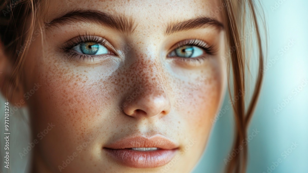 Fototapeta premium Close-up Portrait of a Woman with Blue Eyes and Freckles
