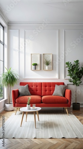 Domestic and cozy interior of living room with red sofa, plants, shelf, coffee table, boucle rug, mock up poster frame, side table, plant and elegant decoration Beige wall. Home decor. Template