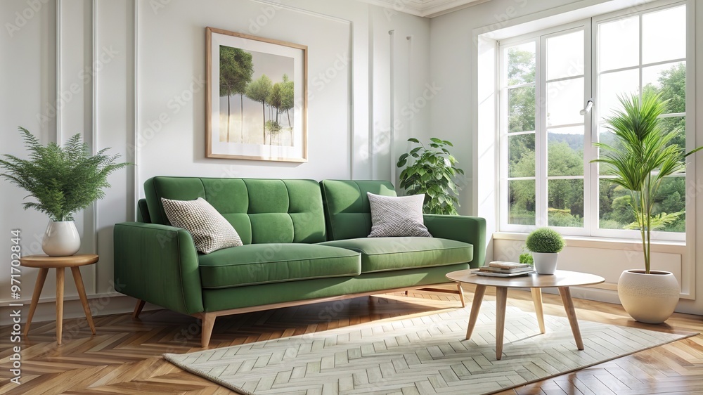 Domestic and cozy interior of living room with green sofa, plants, shelf, coffee table, boucle rug, mock up poster frame, side table, plant and elegant decoration Beige wall. Home decor. Template Domestic and cozy interior of living room with green sofa, plants, shelf, coffee table, boucle rug, mock up poster frame, side table, plant and elegant decoration Beige wall. Home decor. Template