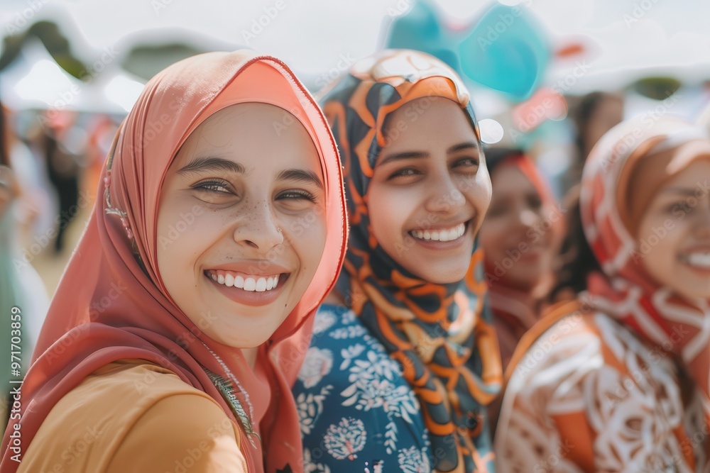 Two smiling women wearing colorful hijabs enjoy a cultural festival outdoors on a sunny day filled with vibrant decorations and lively atmosphere Two smiling women wearing colorful hijabs enjoy a cultural festival outdoors on a sunny day filled with vibrant decorations and lively atmosphere