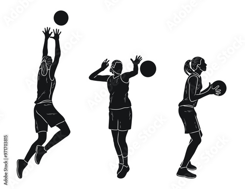 Girls basketball players with a ball in the game, silhouette of athletes