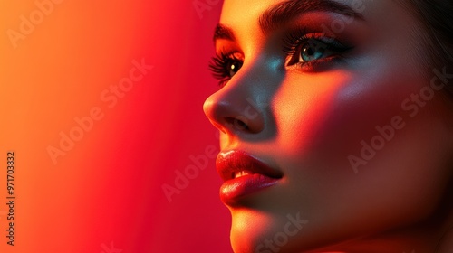 Close-up of a Woman's Face with Red and Orange Lighting