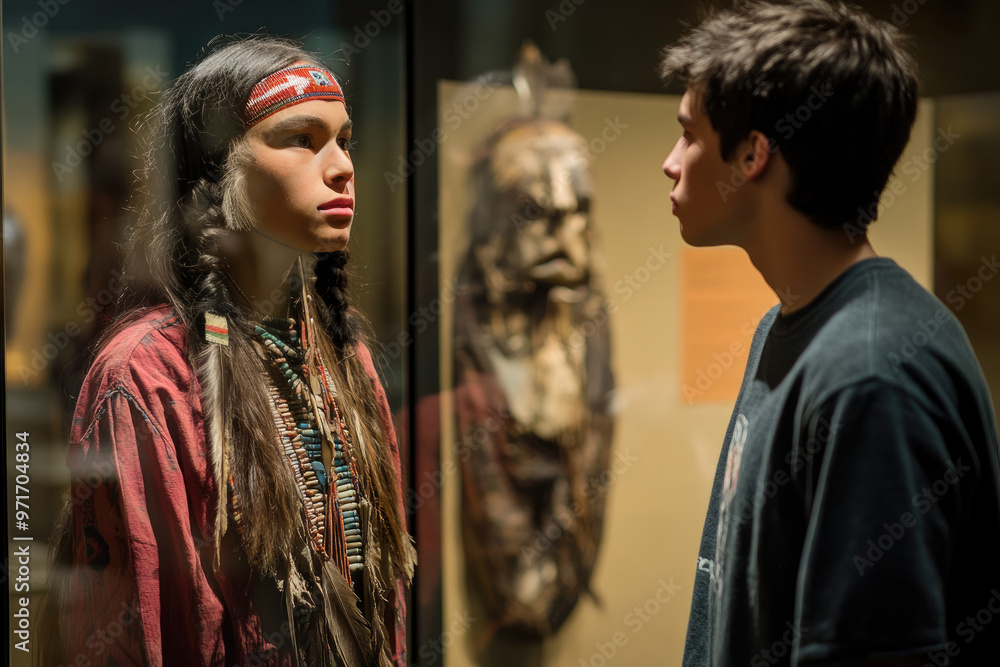 caucasian man looking at wax Native American statue in traditional attire at museum behind glass caucasian man looking at wax Native American statue in traditional attire at museum behind glass