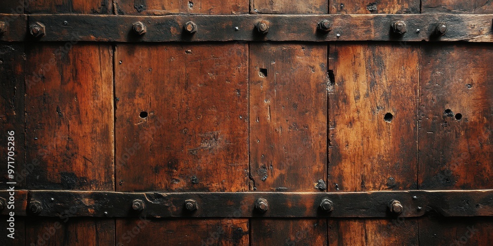 Textured Wooden Door with Metal Hinges and Nails Textured Wooden Door with Metal Hinges and Nails
