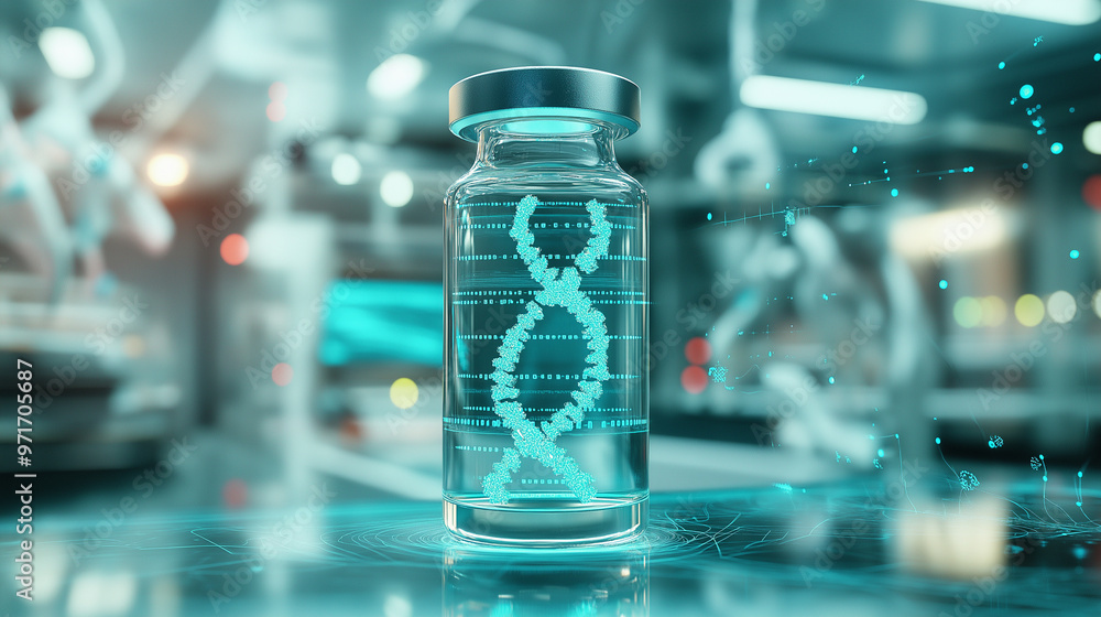 A vial containing a bioluminescent DNA helix, floating in a futuristic lab environment with glass walls, transparent screens displaying genetic structures, and robotic arms in the A vial containing a bioluminescent DNA helix, floating in a futuristic lab environment with glass walls, transparent screens displaying genetic structures, and robotic arms in the
