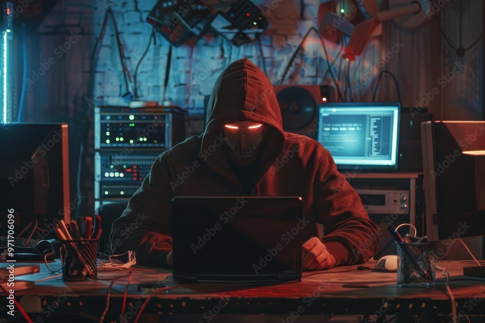 A focused individual works on a computer surrounded by vibrant neon lights in a dimly lit room showcasing coding and technology A focused individual works on a computer surrounded by vibrant neon lights in a dimly lit room showcasing coding and technology