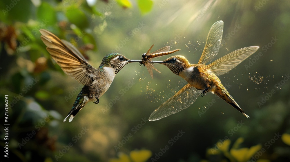 Fototapeta premium Two Hummingbirds in Flight, One Catching a Dragonfly