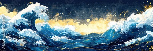 Dynamic Ocean Waves Under Golden Sky at Dusk