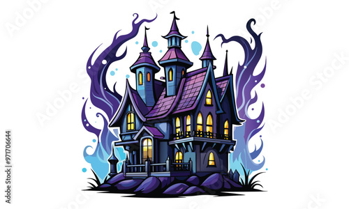 Halloween haunted house T-shirt Design, Hand drawn artistic illustration on a clean white background, Icon Concept isolated. High-quality vector artwork, ideal for spooky t-shirt prints.