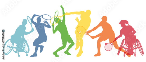 Silhouettes of professional and disabled tennis players in wheelchairs.Concept of adaptive sport.Collection of big tennis players.Vector illustration.