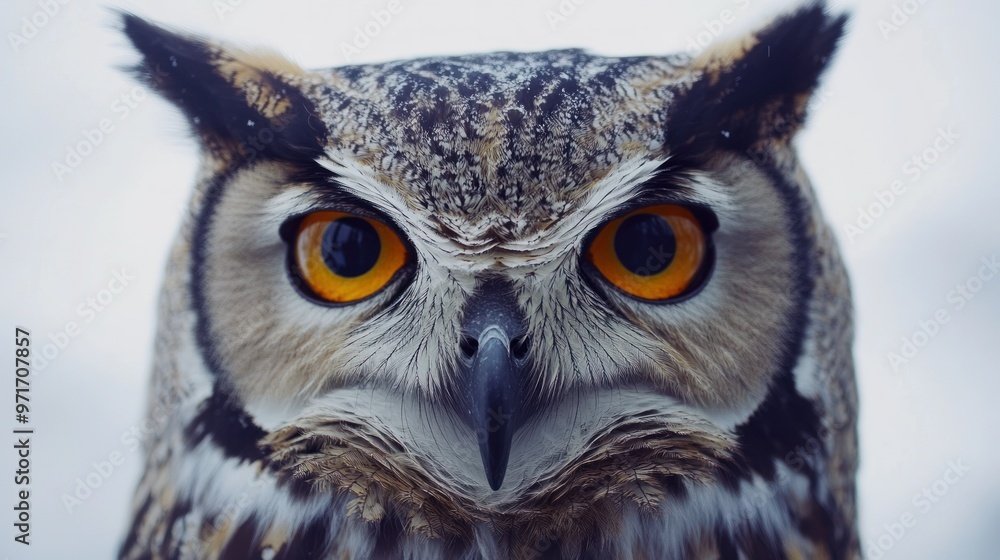 Obraz premium Close-up of a Great Horned Owl's Face with Intense Gaze