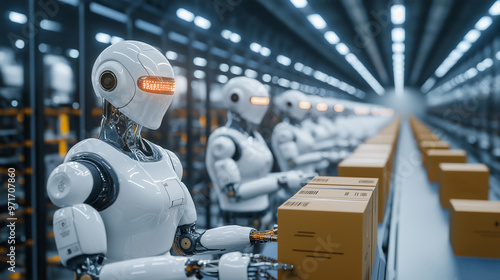 Smart robots working in unison, sorting and delivering goods in a brightly lit warehouse, symbolizing the future of automated fulfillment.