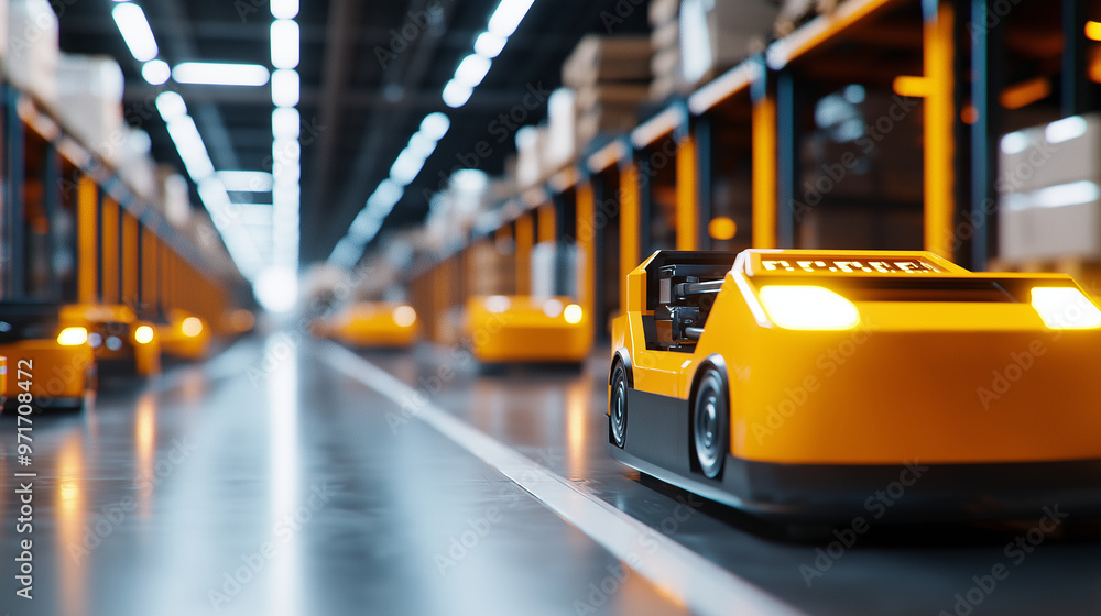 A smart warehouse bustling with automated robots transporting goods with precision and speed, highlighting the efficiency of modern fulfillment processes.