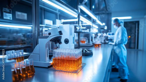 Wallpaper Mural A lab bench filled with food samples and testing equipment under bright fluorescent lights, representing the process of food intolerance research. Torontodigital.ca