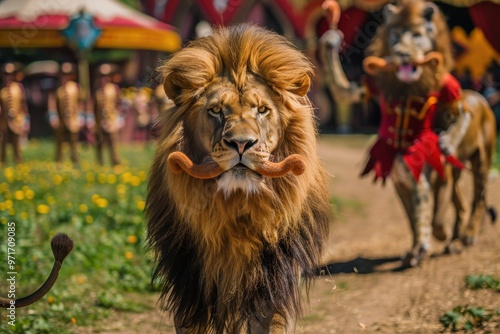 A vibrant carnival celebration featuring a person in a majestic lion costume with a golden mustache, surrounded by festive decorations in the lively streets during the daytime photo