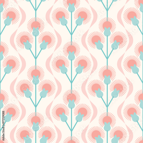 Pink and Teal Thistle Stripes Seamless Vector Repeat Pattern