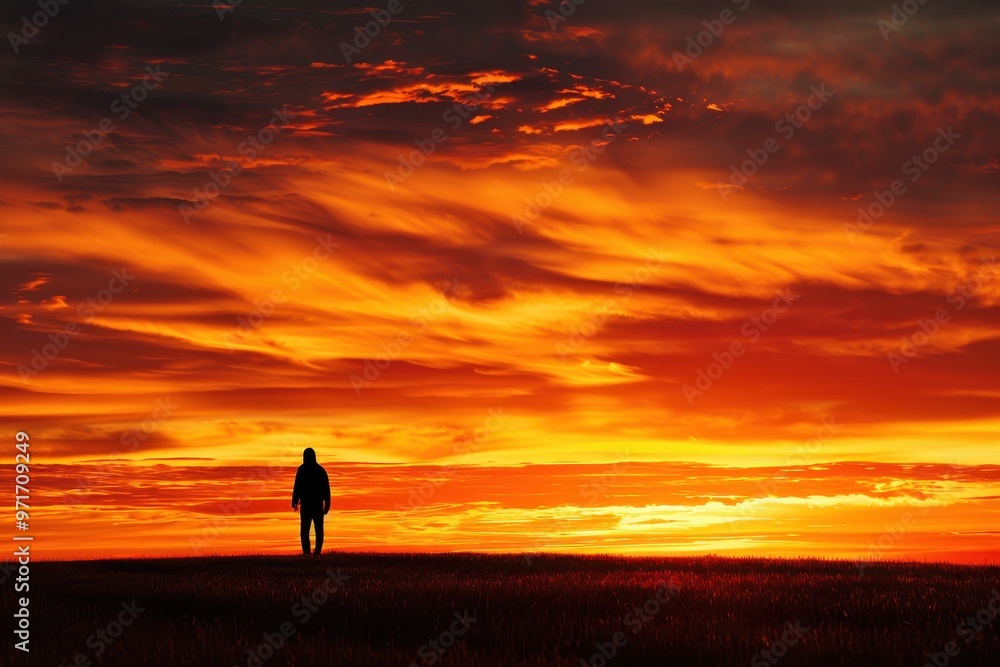 Obraz premium A solitary figure stands atop a hill, gazing at a breathtaking sunset with vibrant orange and red hues lighting up the sky